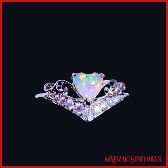 WHITE OPAL HEART SOLITAIRE SILVER METAL DECORATIVE DETAIL RING SIZE 6 NWT - Picture 6 of 8